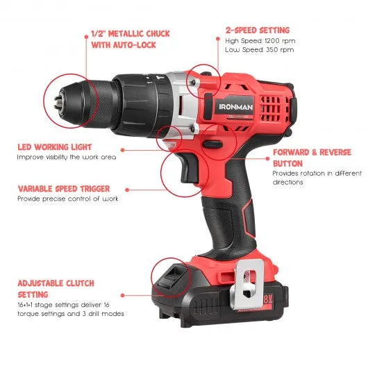 18V Cordless Drill Driver Impact Tool Kit with LED Light