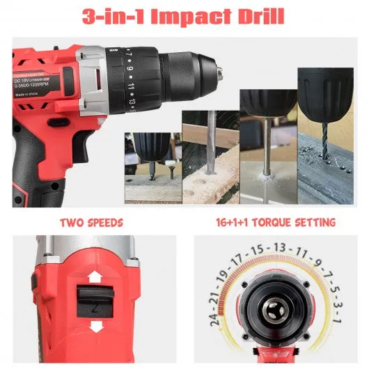 18V Cordless Drill Driver Impact Tool Kit with LED Light