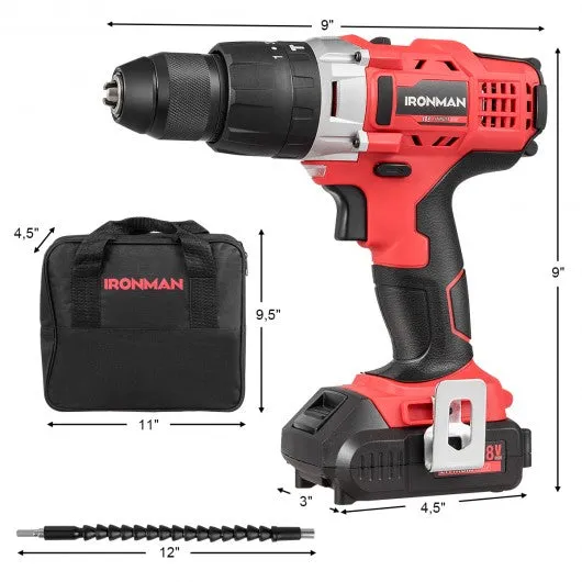 18V Cordless Drill Driver Impact Tool Kit with LED Light