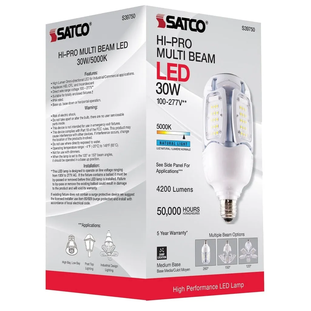 30 Watt LED HID Replacement - 5000K - Medium base - Adjustable Beam - Type B Ballast Bypass - 6-Pack