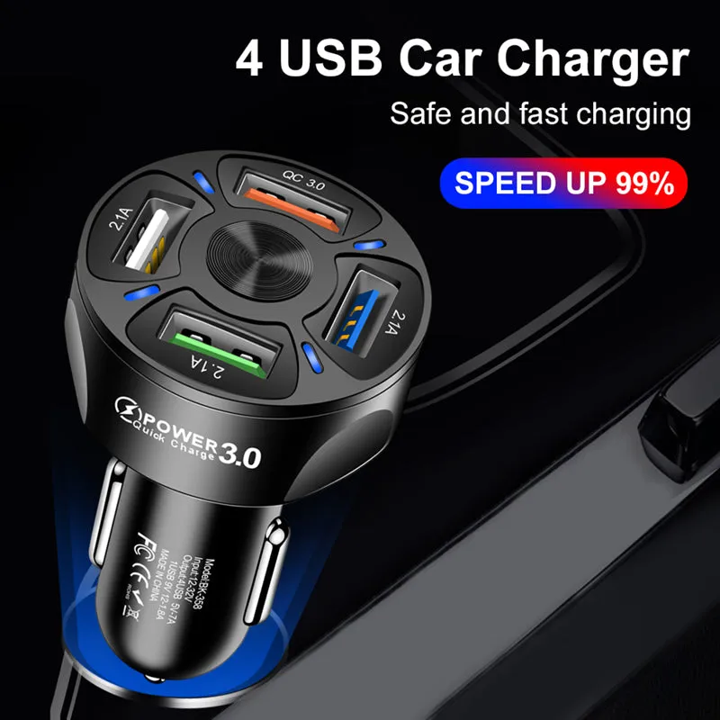 4 Ports USB Car Mini Fast Mobile Phone Charger