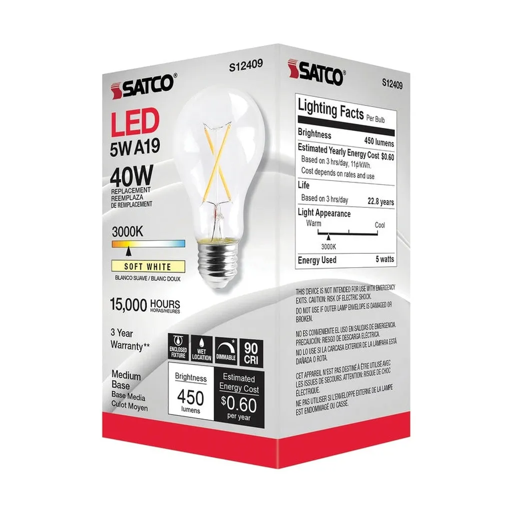 5W LED A19 - Clear - Medium Base - 3000K - 90 CRI - 120V - 6-Pack