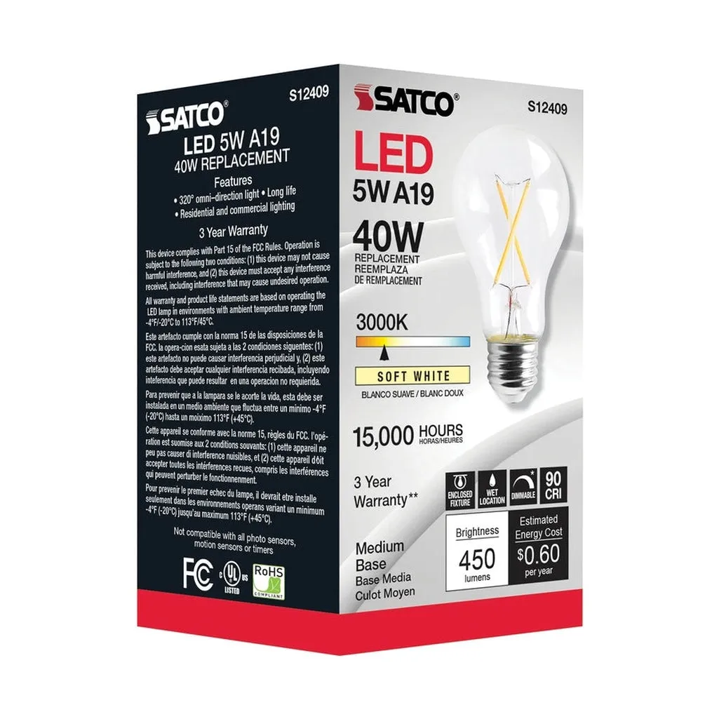 5W LED A19 - Clear - Medium Base - 3000K - 90 CRI - 120V - 6-Pack