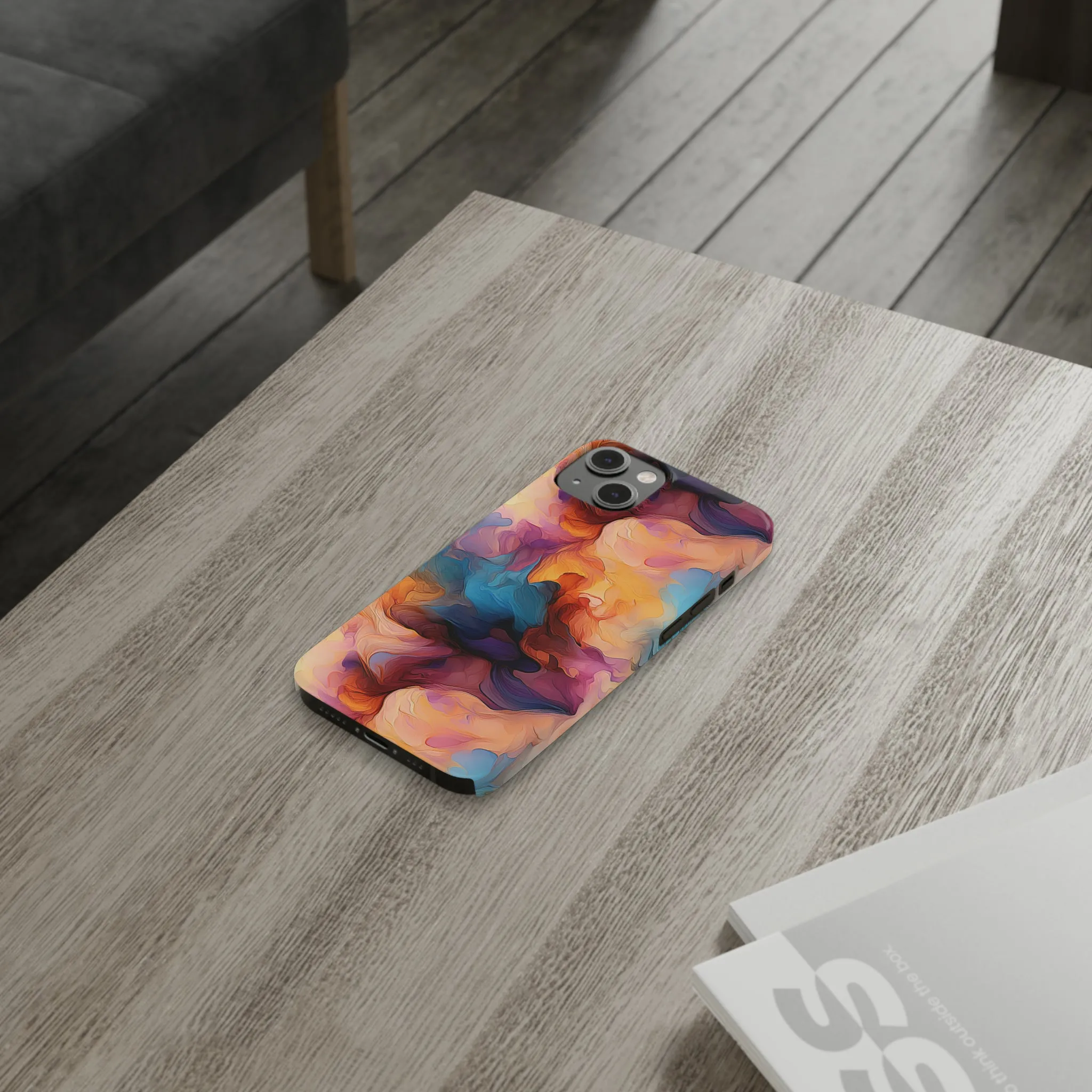 Abstract Peach, Blue, Purple Smoke Design Sleek Elegance Wireless-Charging Compatible Phone Case Slim Phone Case compatible with over 20 iphone models