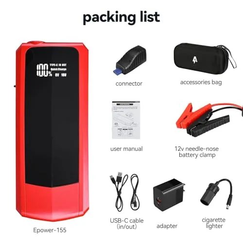 Andeman Car Jump Starter 3000A Peak 20000mAh (Start 9L Gas Engine or up to 7L Diesel Engine) Battery Charger Automotive, 12V Car Jumper, Power Bank Power Pack with Quick Charge Type-C Ports, Red