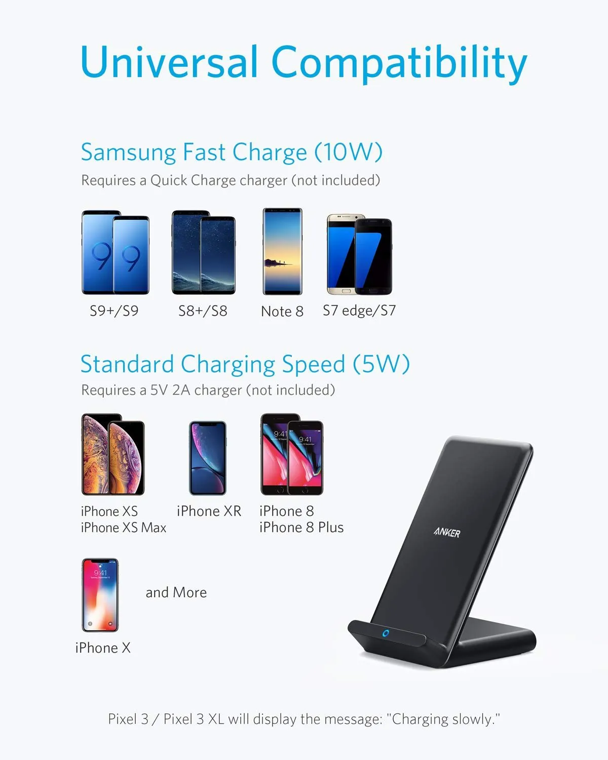 Anker Fast Wireless Charger, 10W Wireless Charging Stand, Qi-Certified, Compatible iPhone XR/Xs Max/XS/X/8/8 Plus, Fast-Charging Galaxy S10/S9/S9 /S8/