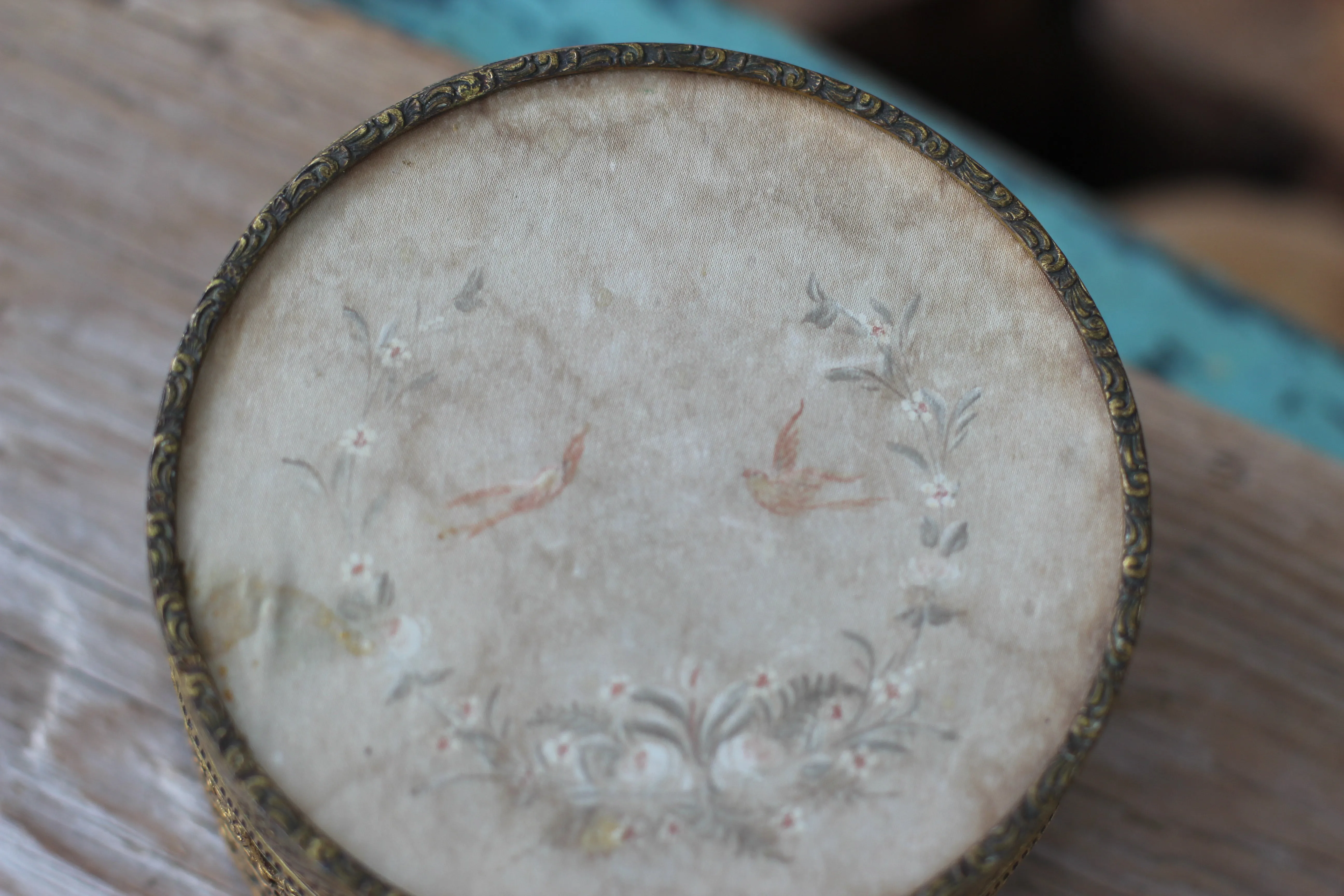 Antique Floral Birds Bronze Glass Jar