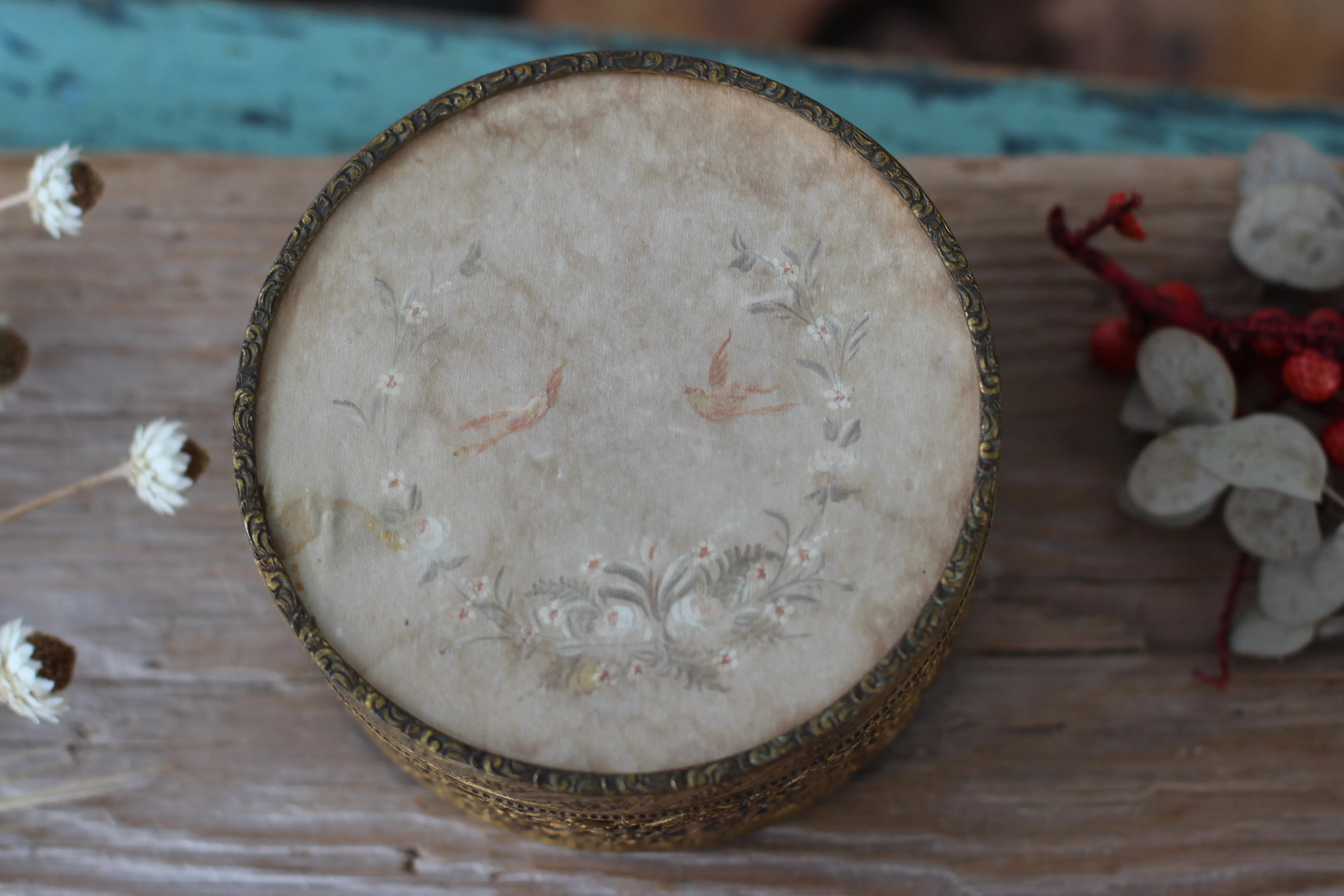 Antique Floral Birds Bronze Glass Jar