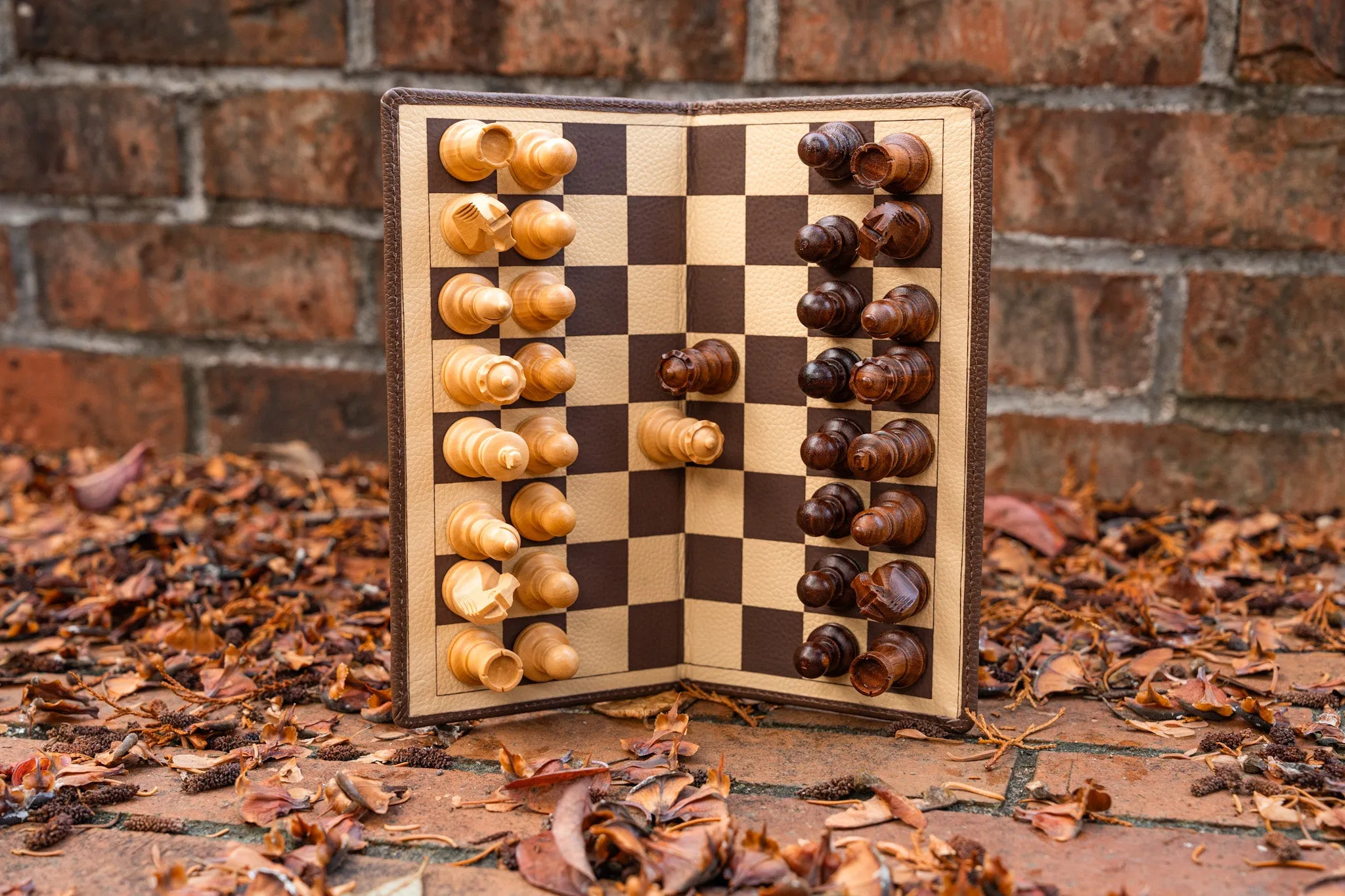 BOARD ONLY: 9" Milled Leather Travel Magnetic Chess Set with Wood Pieces