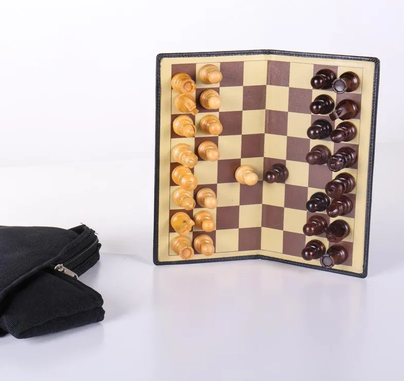 BOARD ONLY: 9" Milled Leather Travel Magnetic Chess Set with Wood Pieces