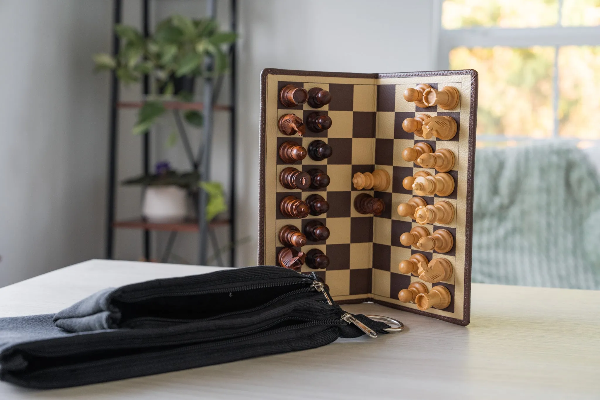 BOARD ONLY: 9" Milled Leather Travel Magnetic Chess Set with Wood Pieces