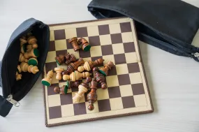 BOARD ONLY: 9" Milled Leather Travel Magnetic Chess Set with Wood Pieces