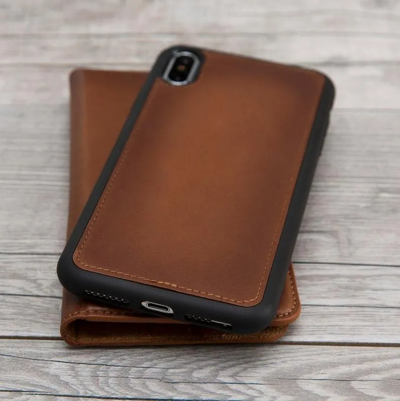 Burnished Brown Genuine Leather Magnetic Wallet Case for iPhone X/XS/XS Max