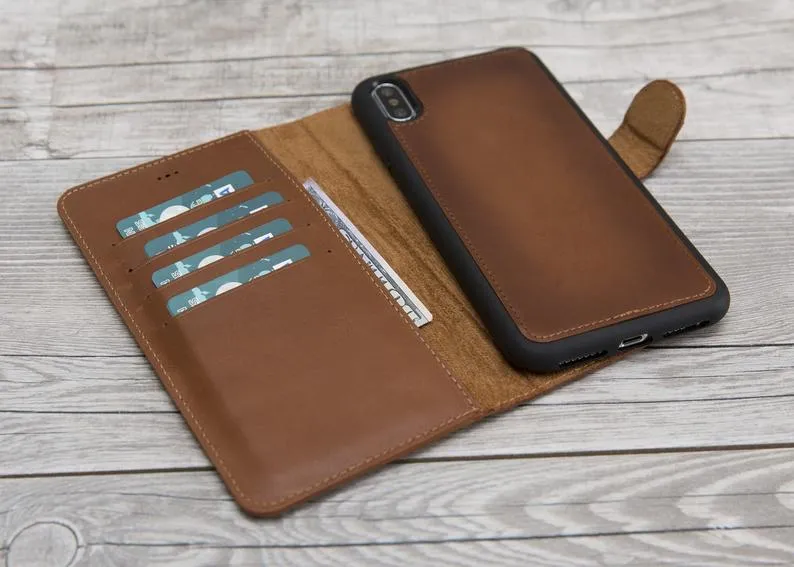 Burnished Brown Genuine Leather Magnetic Wallet Case for iPhone X/XS/XS Max