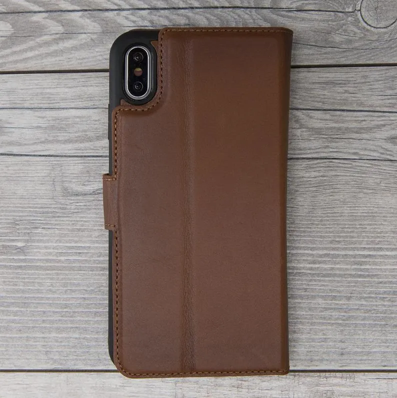 Burnished Brown Genuine Leather Magnetic Wallet Case for iPhone X/XS/XS Max