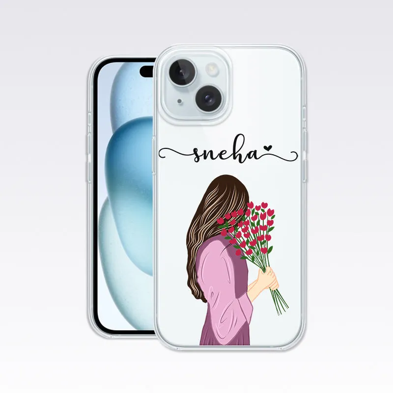 Cute Girl with Flower Custom Name Clear Silicon Cover