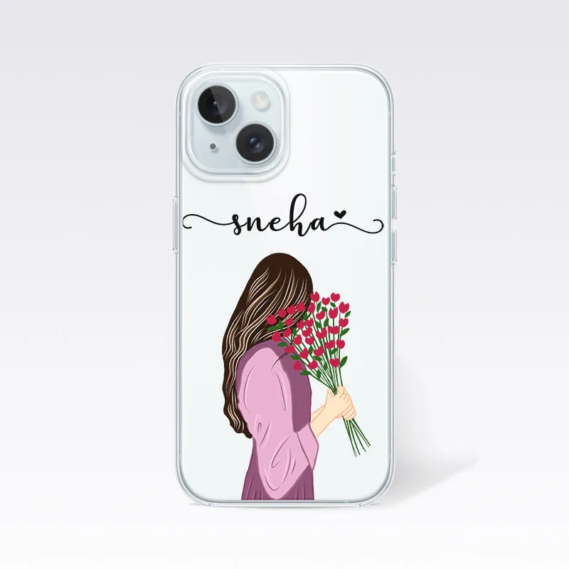 Cute Girl with Flower Custom Name Clear Silicon Cover