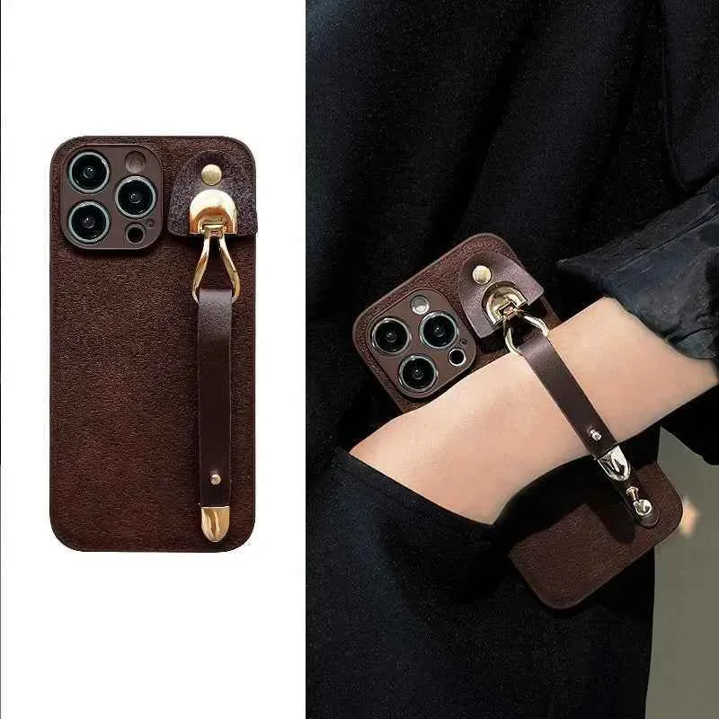 Cute Phone Cases For iPhone 16, 15, 14, 13, 12, 11 Pro Max, XR, X, and Xs Max with Wrist Chain - Plain Leather - TSP487