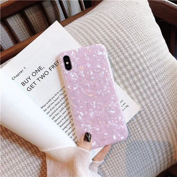 ELALA Glossy Marble Case For iphone 6 7 8 Plus X XS Max XR Bling  Conch Shell Epoxy Silicone Glitter Soft TPU Cover For iPhone 7