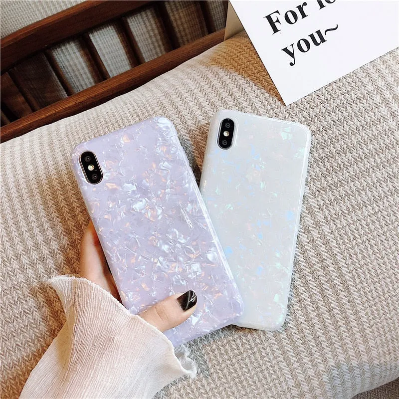 ELALA Glossy Marble Case For iphone 6 7 8 Plus X XS Max XR Bling  Conch Shell Epoxy Silicone Glitter Soft TPU Cover For iPhone 7