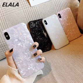 ELALA Glossy Marble Case For iphone 6 7 8 Plus X XS Max XR Bling  Conch Shell Epoxy Silicone Glitter Soft TPU Cover For iPhone 7