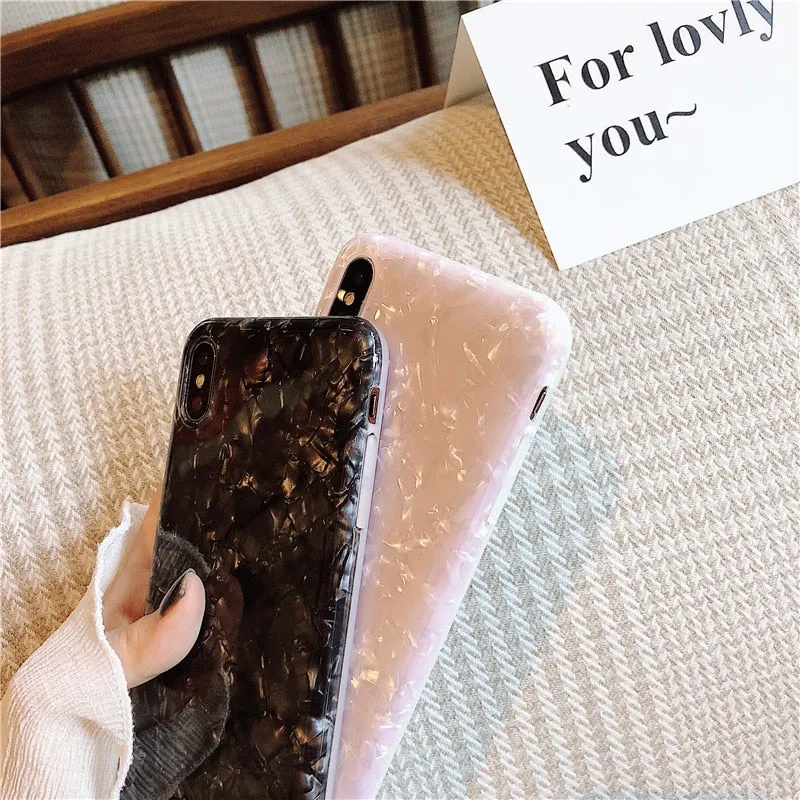 ELALA Glossy Marble Case For iphone 6 7 8 Plus X XS Max XR Bling  Conch Shell Epoxy Silicone Glitter Soft TPU Cover For iPhone 7