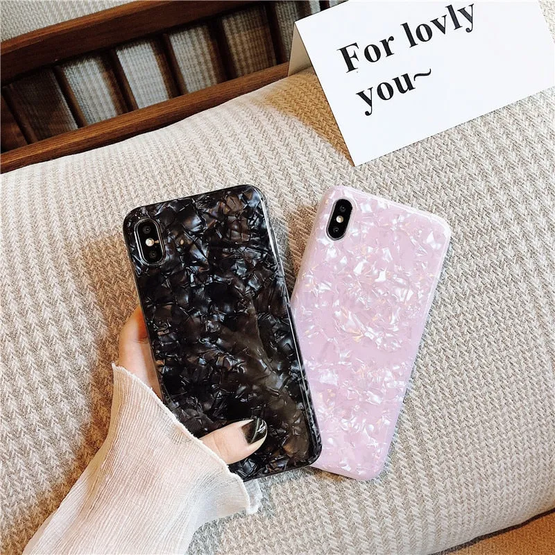 ELALA Glossy Marble Case For iphone 6 7 8 Plus X XS Max XR Bling  Conch Shell Epoxy Silicone Glitter Soft TPU Cover For iPhone 7