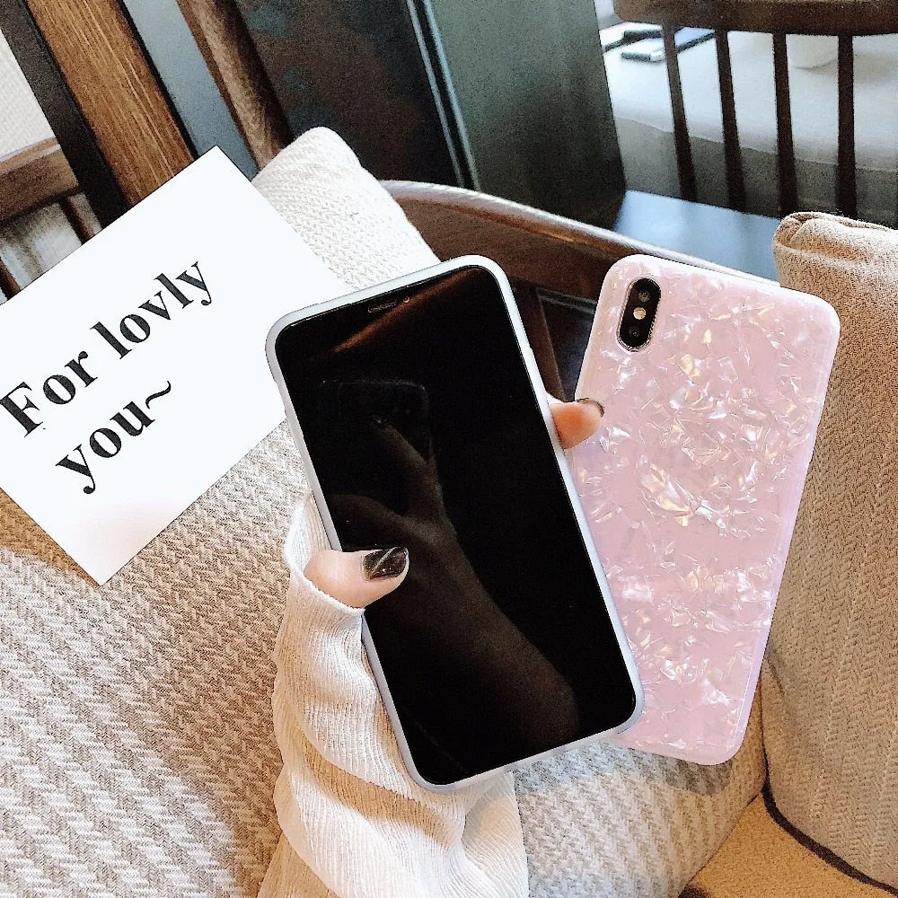 ELALA Glossy Marble Case For iphone 6 7 8 Plus X XS Max XR Bling  Conch Shell Epoxy Silicone Glitter Soft TPU Cover For iPhone 7