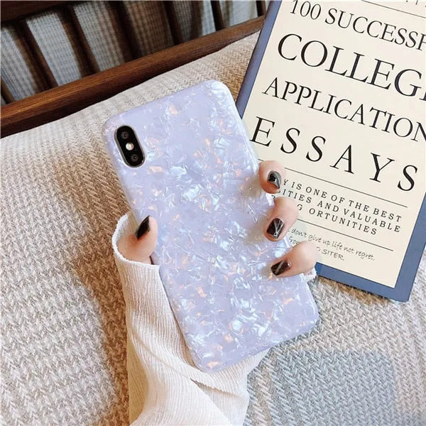 ELALA Glossy Marble Case For iphone 6 7 8 Plus X XS Max XR Bling  Conch Shell Epoxy Silicone Glitter Soft TPU Cover For iPhone 7