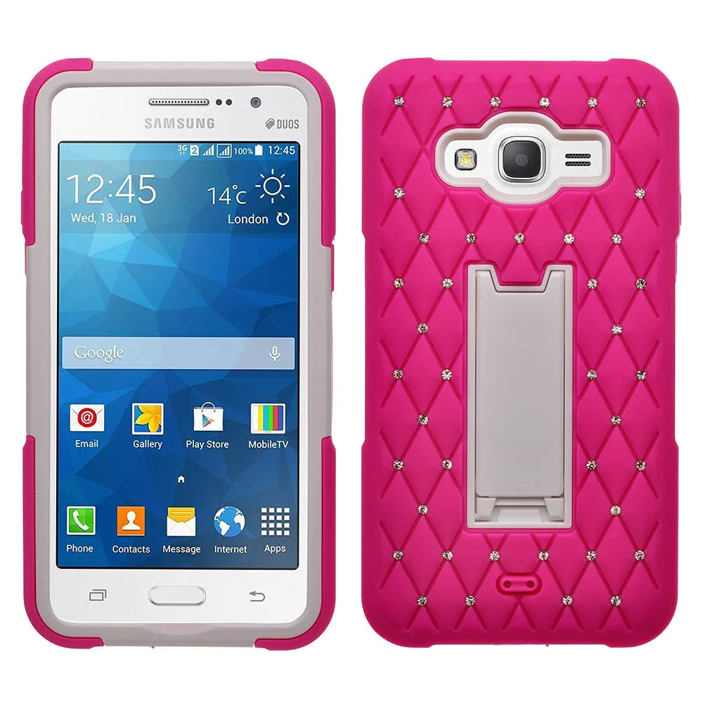 Galaxy Go Prime Case, Samsung Grand Prime Case, Heavy Duty Armor Diamond Rhinestone Hybrid Case with Kickstand - Hot Pink/White