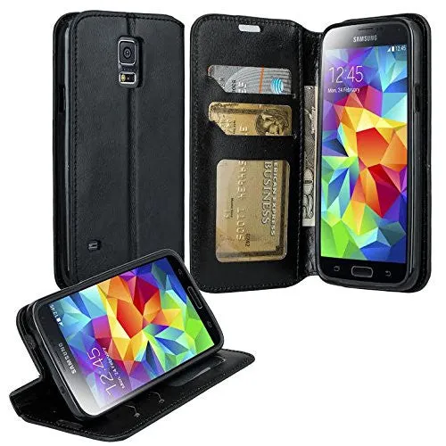 Galaxy S5 Case, Pu Leather Magnetic Fold[Kickstand] Wallet Case with ID & Card Slots for Samsung Galaxy S5 - Black