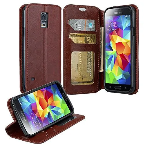 Galaxy S5 Case, Pu Leather Magnetic Fold[Kickstand] Wallet Case with ID & Card Slots for Samsung Galaxy S5 - Brown