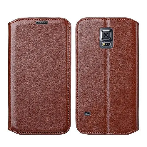 Galaxy S5 Case, Pu Leather Magnetic Fold[Kickstand] Wallet Case with ID & Card Slots for Samsung Galaxy S5 - Brown