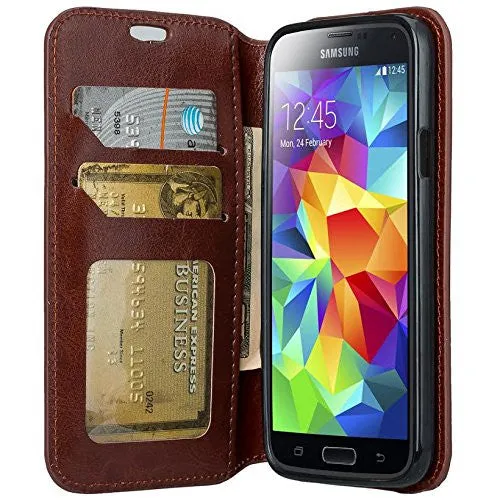 Galaxy S5 Case, Pu Leather Magnetic Fold[Kickstand] Wallet Case with ID & Card Slots for Samsung Galaxy S5 - Brown