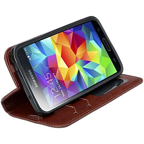 Galaxy S5 Case, Pu Leather Magnetic Fold[Kickstand] Wallet Case with ID & Card Slots for Samsung Galaxy S5 - Brown