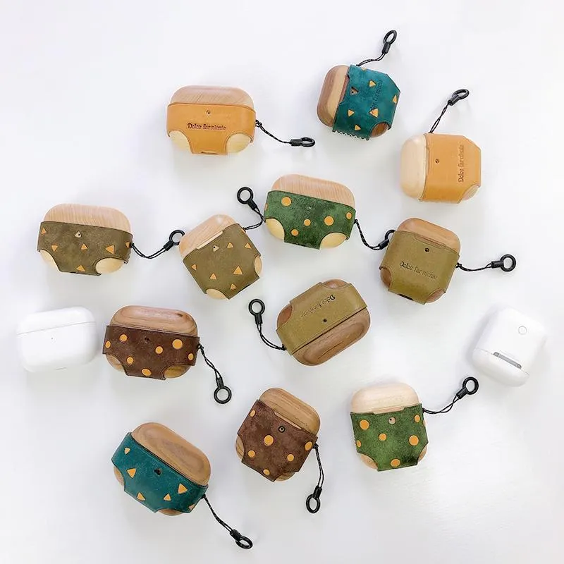 Green Spotted Wood Leather AirPods Pro Case with Strap Leather 1,2 AirPods Case Airpod Case Cover