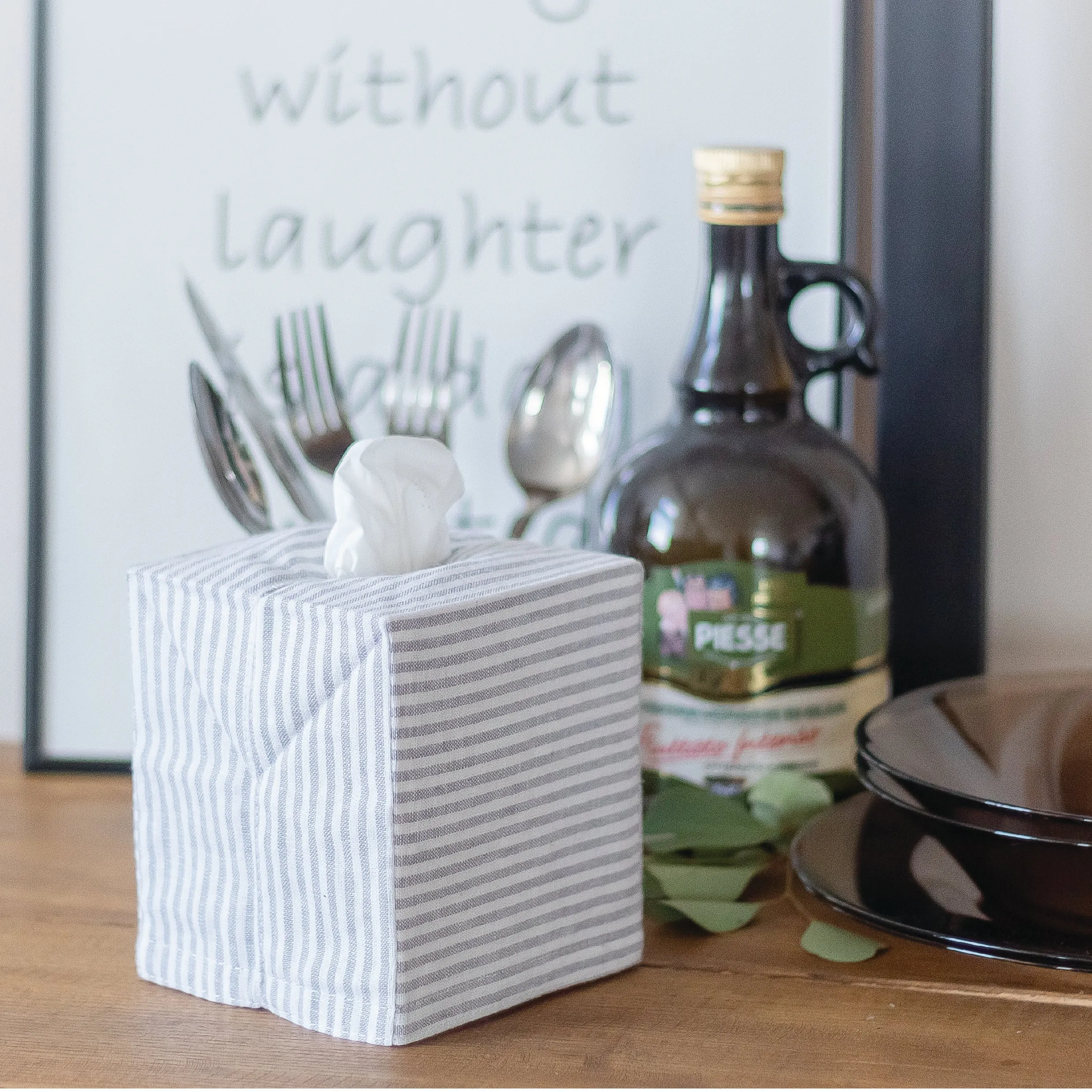 Grey Stripes Linen Tissue Box Cover