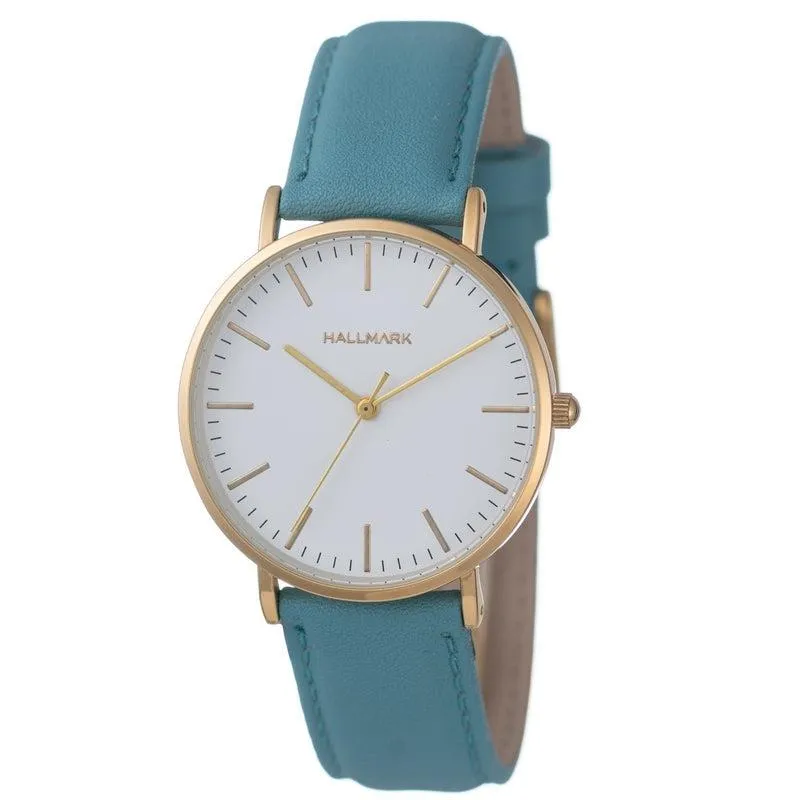 Hallmark Ladies Leather Teal Strap White Dial Watch