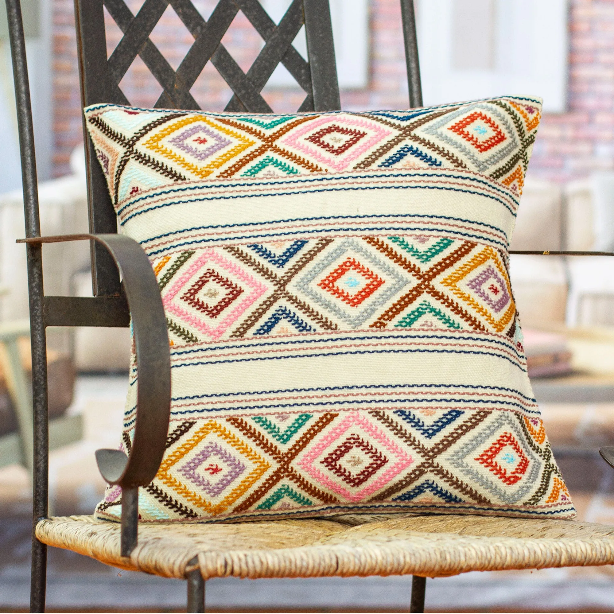 Hand Loomed Cotton Cushion Cover with Geometric Pattern - Festive Autumn | NOVICA