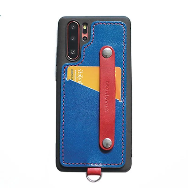 Handmade Black Leather Huawei P30 Case with Card Holder CONTRAST COLOR Huawei P30 Leather Case