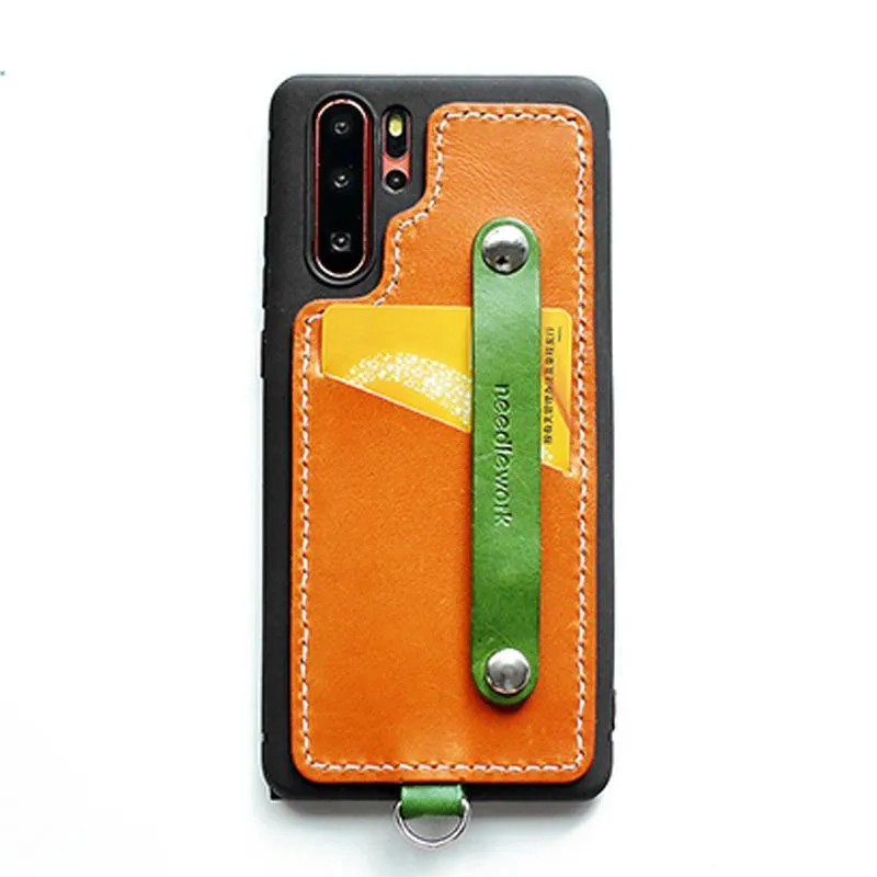 Handmade Black Leather Huawei P30 Case with Card Holder CONTRAST COLOR Huawei P30 Leather Case