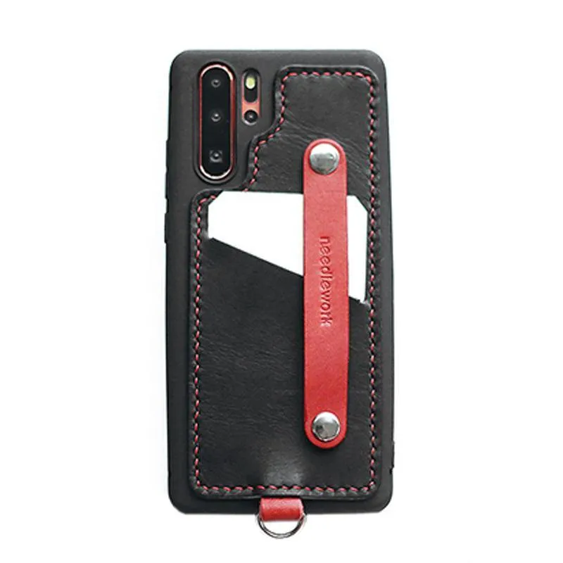 Handmade Black Leather Huawei P30 Case with Card Holder CONTRAST COLOR Huawei P30 Leather Case