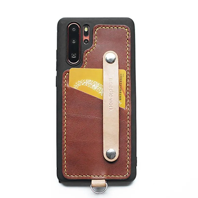 Handmade Black Leather Huawei P30 Case with Card Holder CONTRAST COLOR Huawei P30 Leather Case