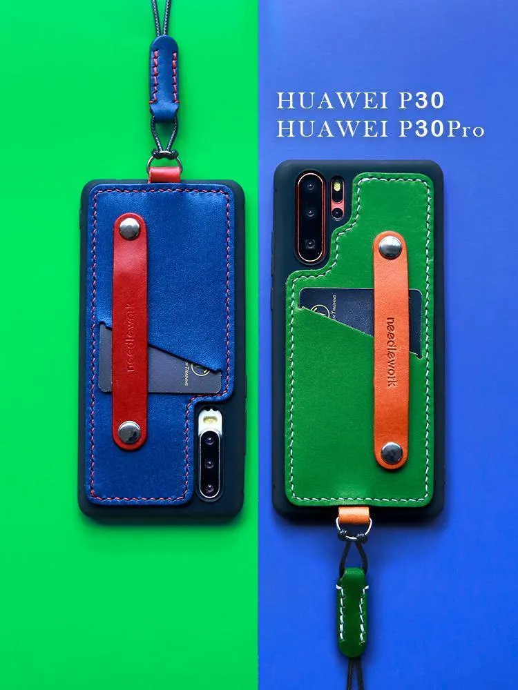 Handmade Black Leather Huawei P30 Case with Card Holder CONTRAST COLOR Huawei P30 Leather Case