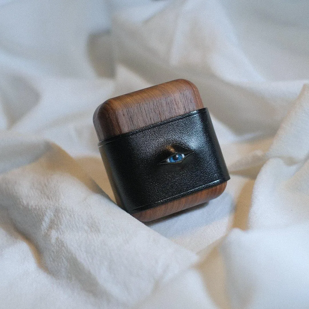 Handmade Coffee Leather Wood AirPods Pro Case with Eye Custom Leather AirPods Pro Case Airpod Case Cover