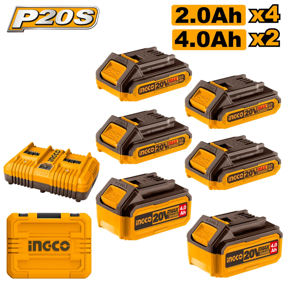 Ingco 6 Piece 2.0/4.0Ah Battery & Charger Kit