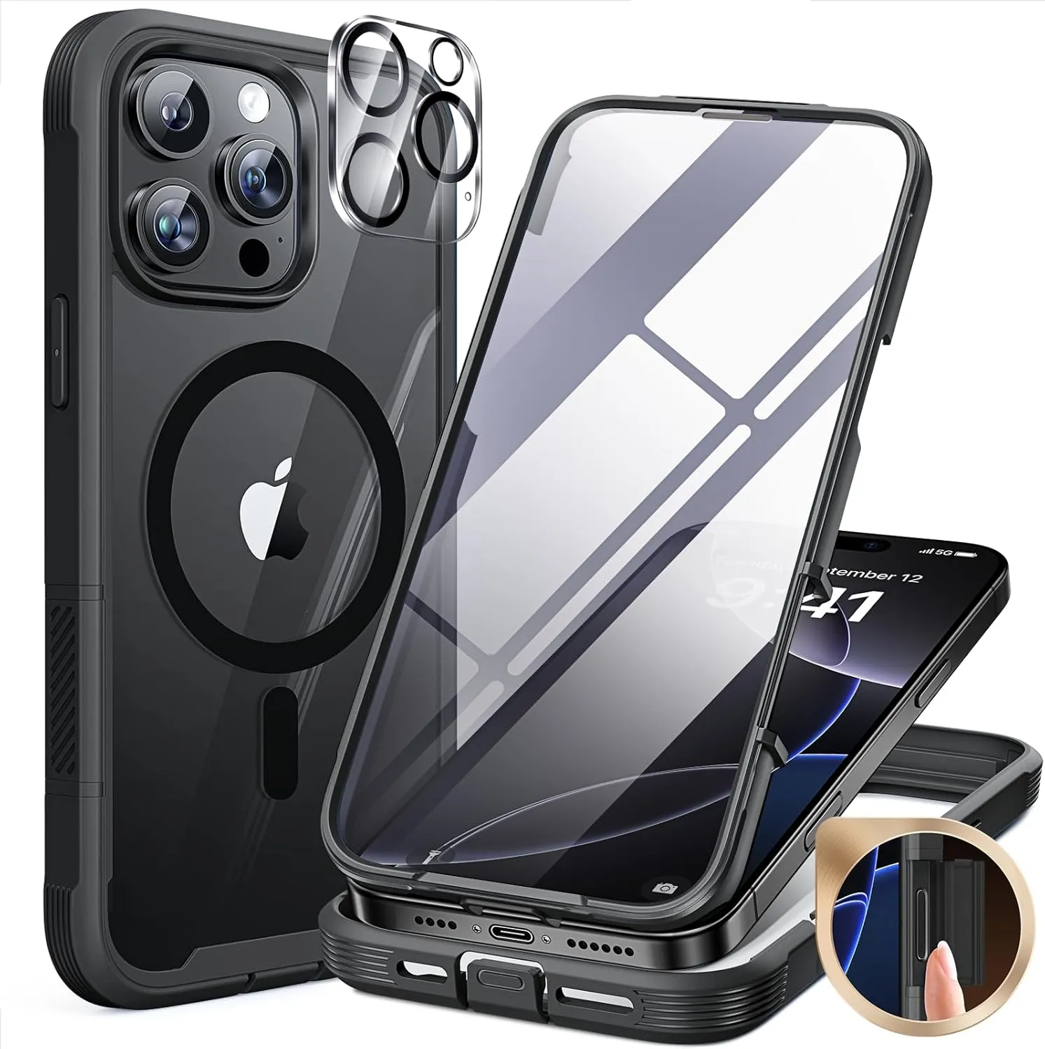 iPhone 16 Pro Case Full-Body Phone Built-in Glass Screen Protector Military