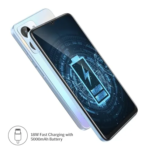 Lava O1 (Prism Blue, 4GB RAM, 64GB Storage) | 18W Fast Charging | Octa Core Unisoc T606 | 13 MP AI Dual Camera | 5000 mAh Battery | Upto 7GB Expandable RAM | Fingerprint Sensor