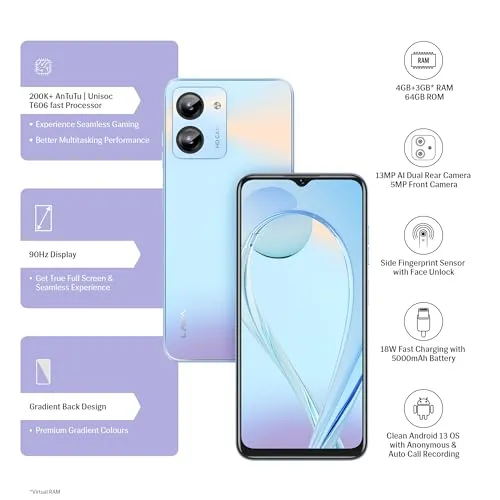 Lava O1 (Prism Blue, 4GB RAM, 64GB Storage) | 18W Fast Charging | Octa Core Unisoc T606 | 13 MP AI Dual Camera | 5000 mAh Battery | Upto 7GB Expandable RAM | Fingerprint Sensor