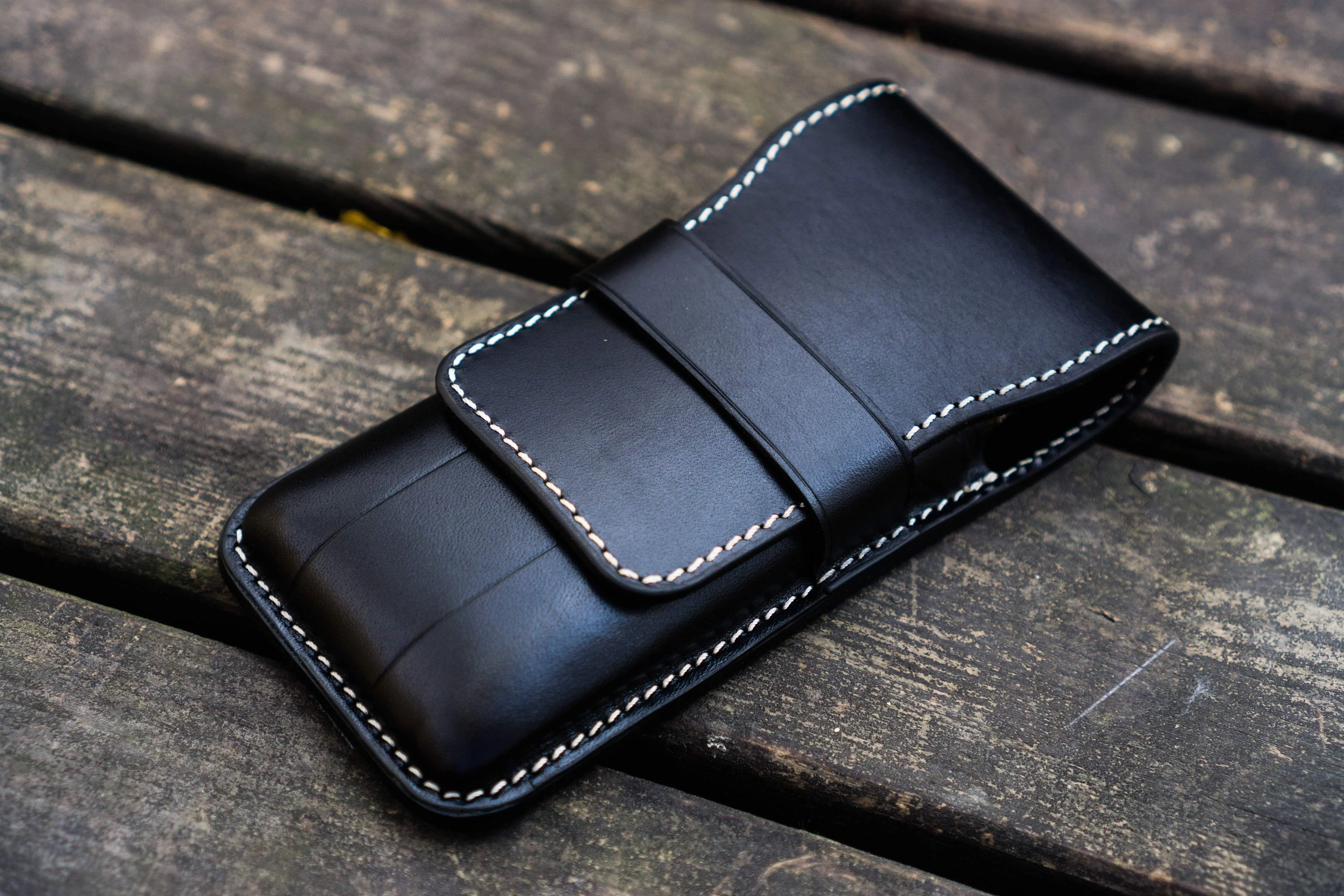 Leather Flap Pen Case for Three Pens - Black